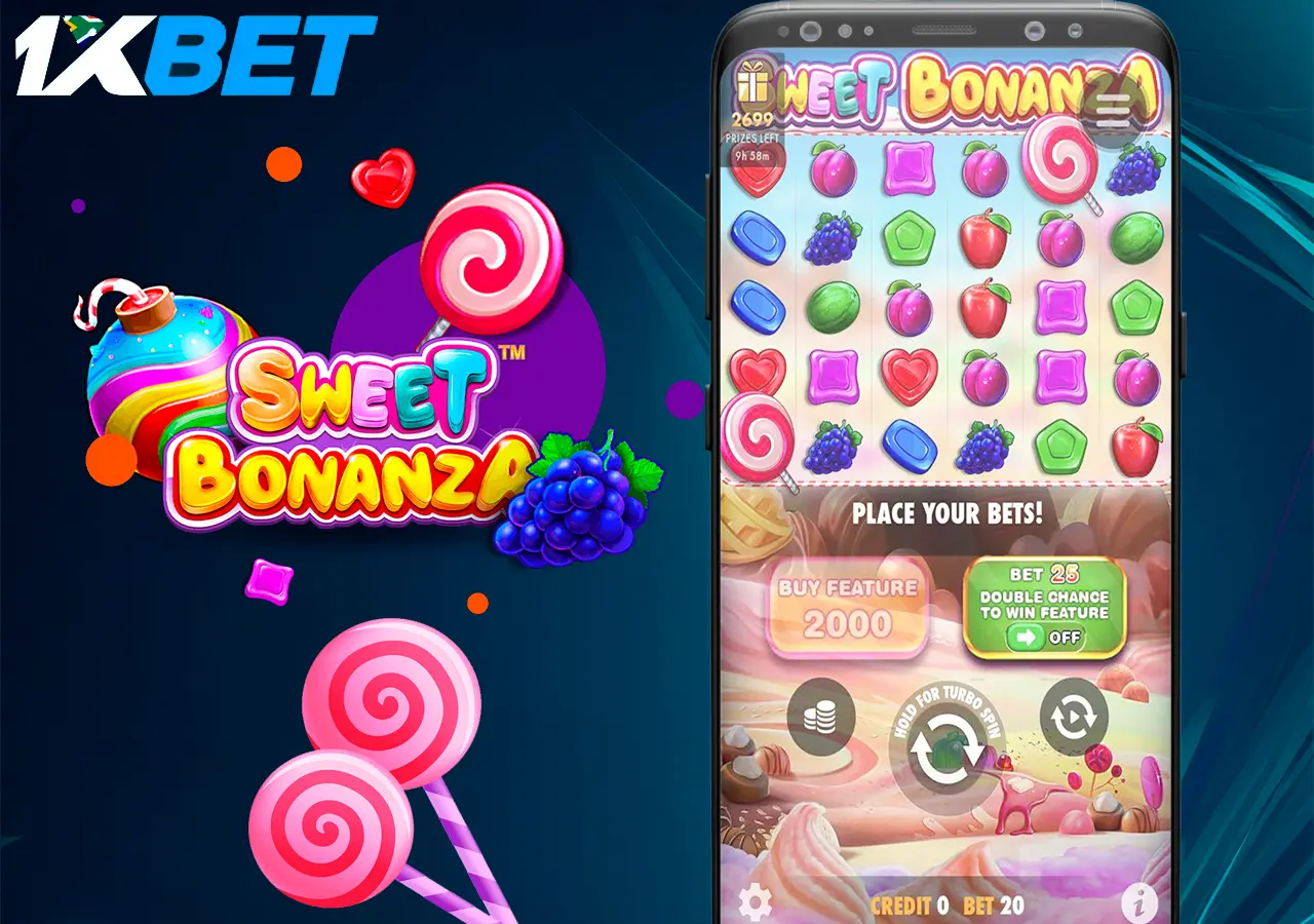 Bright 1xBet Sweet Bonanza slot for gambling lovers